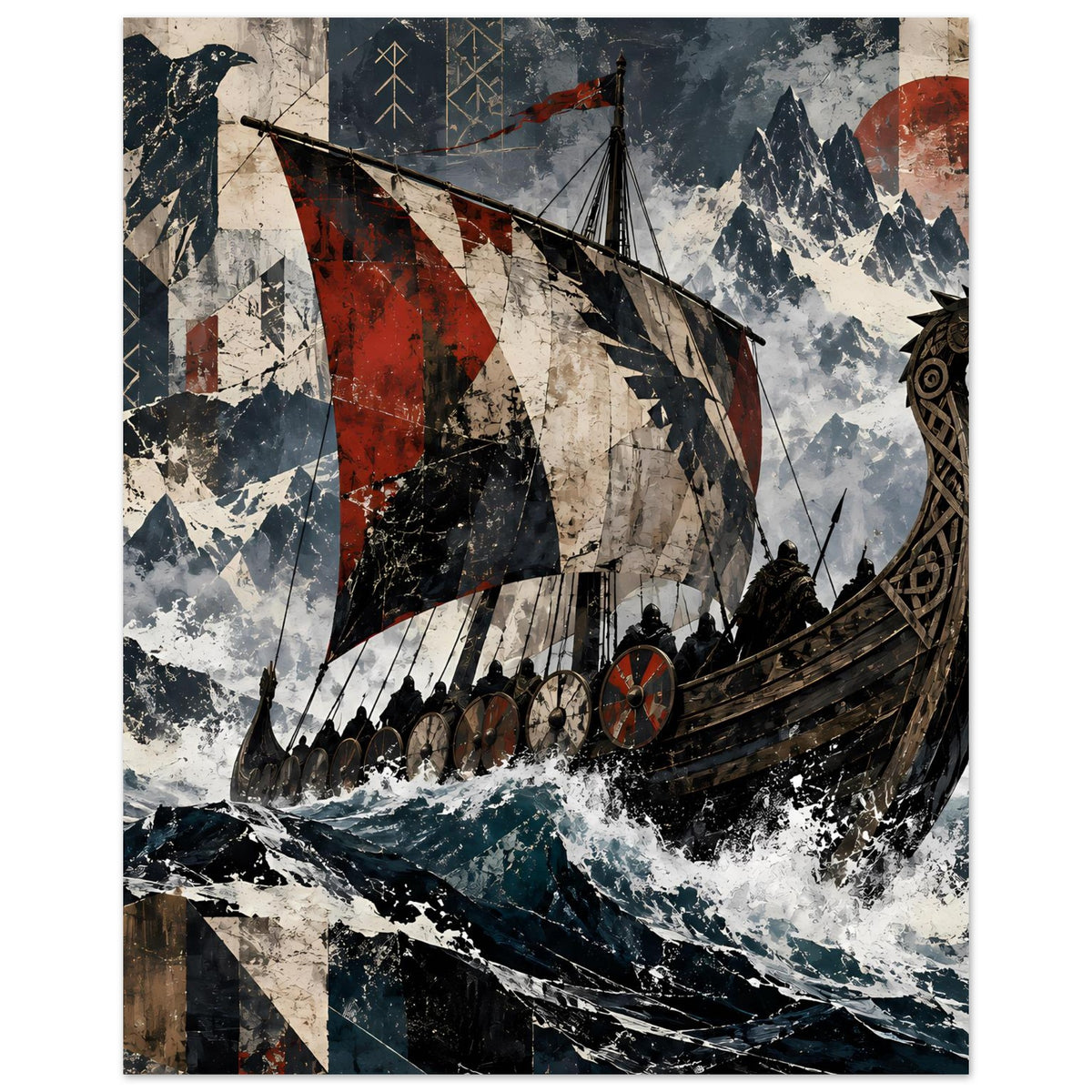 Wikinger-Langschiff Poster, seitlicher Blick: Segel und Drachenkopf am Bug in stürmischer See
