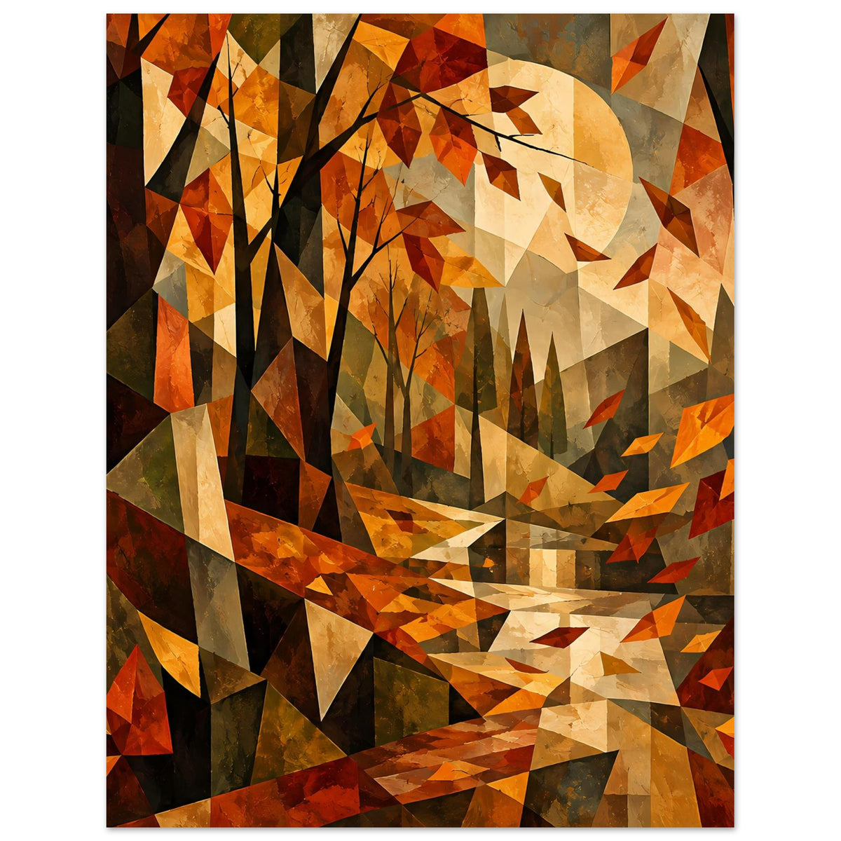 Hochformat-Poster mit kubistischer Herbstlandschaft, orangefarbene Dreiecke und dunkle Stämme.
