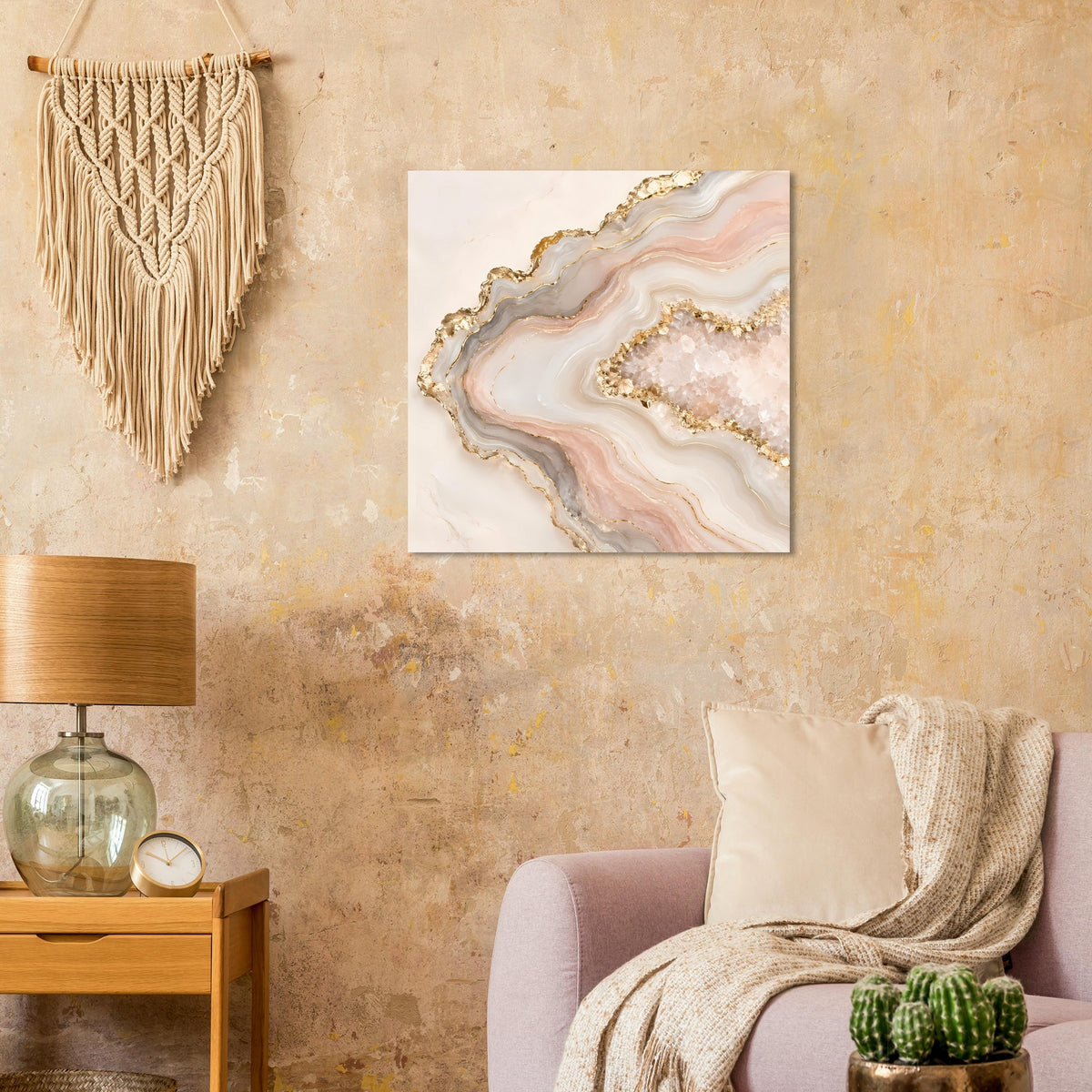 Abstraktes Poster mit Geodenmotiv in Rosé, Creme und Gold