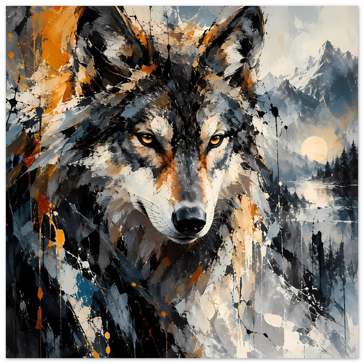 Abstraktes Wolf-Kunstposter in Orange und Grau, Wolf vorn mit Landschaft im Hintergrund
