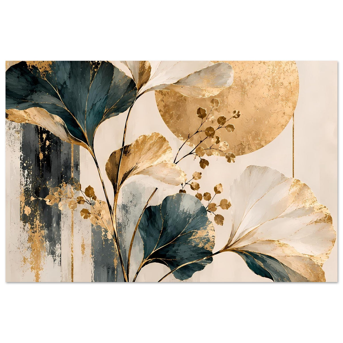 Poster mit goldenen Ginkgoblättern, dunkelblauen Blättern und kreisförmiger Sonnenscheibe