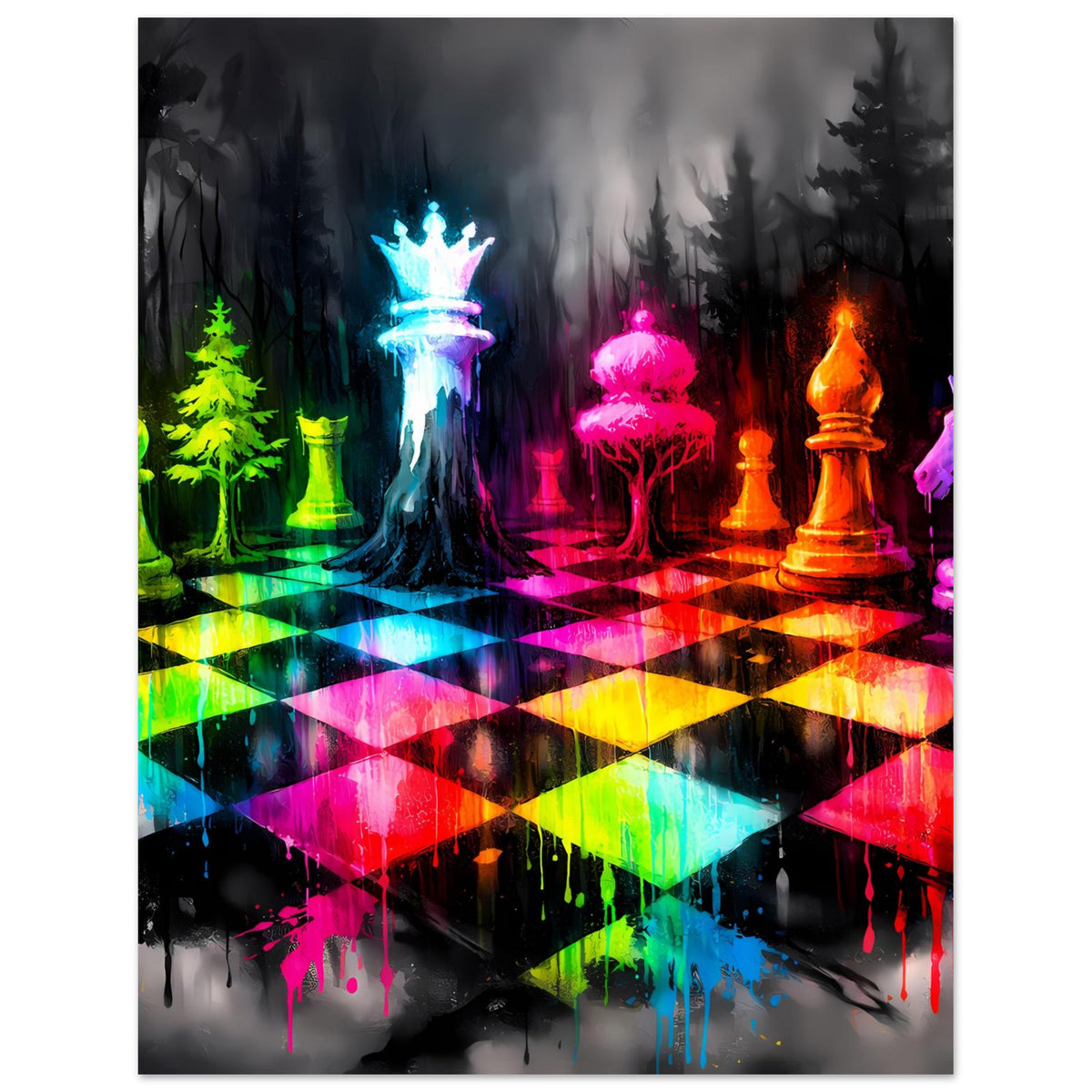 Neon-Schachspiel-Poster mit farbigen Figuren und diagonalem Farbmuster auf dem Spielbrett