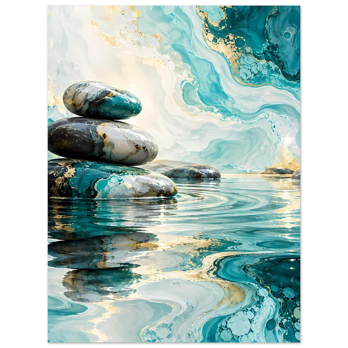 Zen-Poster im Hochformat: Steinhaufen im Wasser mit türkisblauen Wellen und schimmernden Goldwirbeln