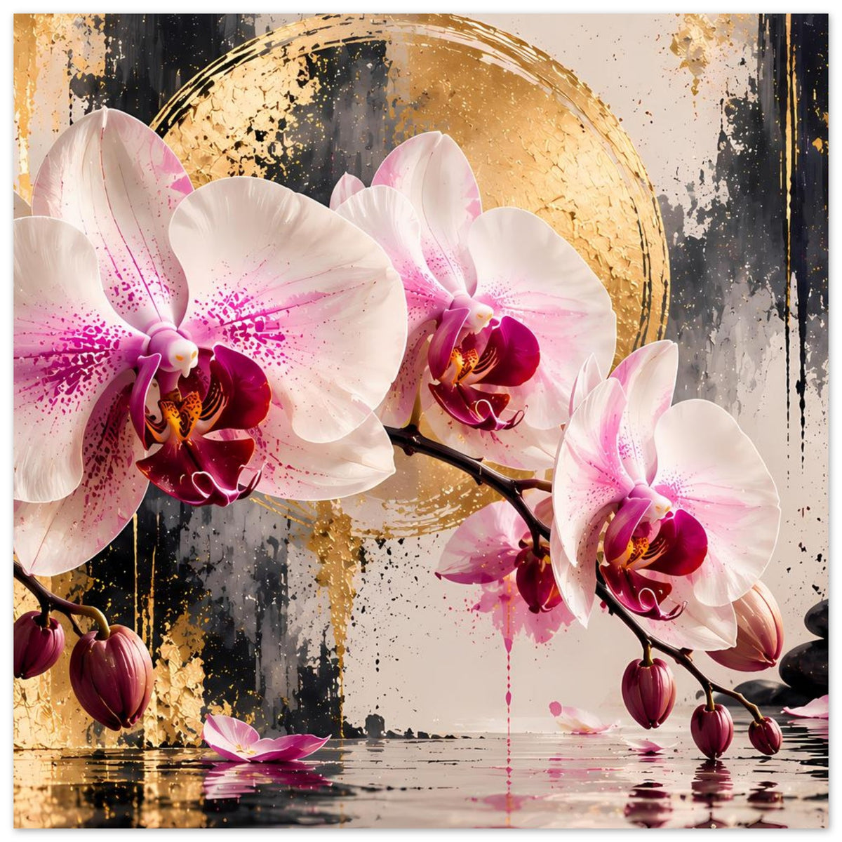 Orchideen-Poster im Hochformat mit großen weißen Orchideenblüten, goldener Rundfläche und Beeren