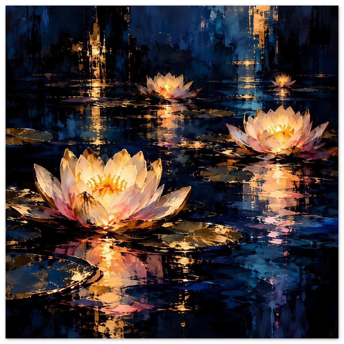 Blumenposter mit vier leuchtenden Seerosen und Spiegelung im Wasser, tiefblau und gold