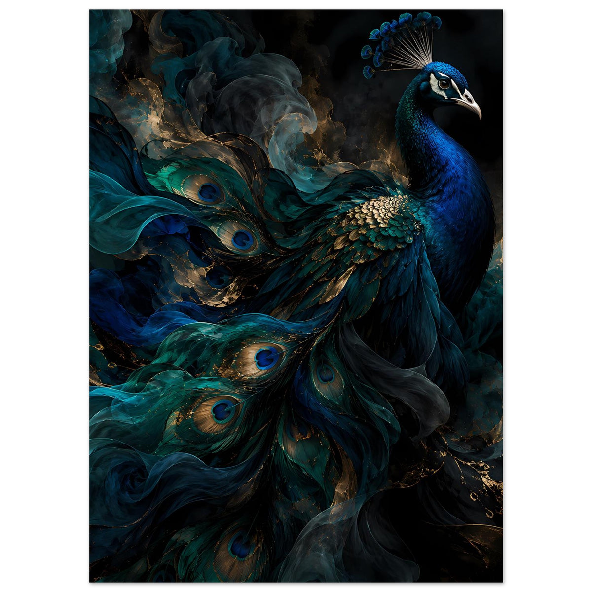 Kunstposter mit Pfau, türkis-blaue und goldene Federaugen, vertikale Ausrichtung