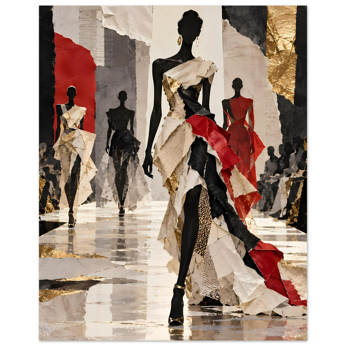 Fashion-Runway-Poster im Hochformat mit vorderem Model und rotem Cape, goldene Details