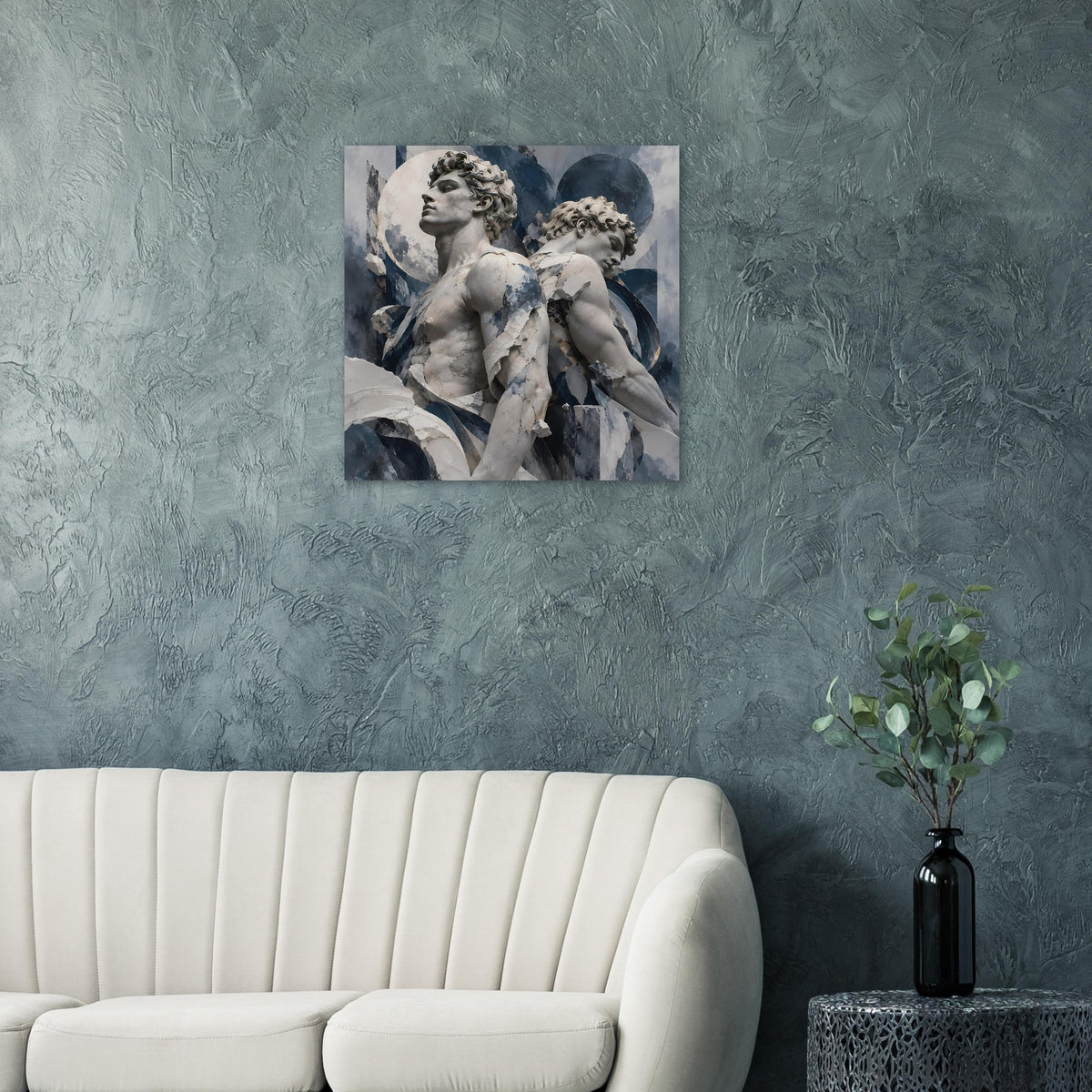 Quadratisches Poster mit zwei Cherub-Engeln, blau-grau wirkende Steindruck-Optik, matt