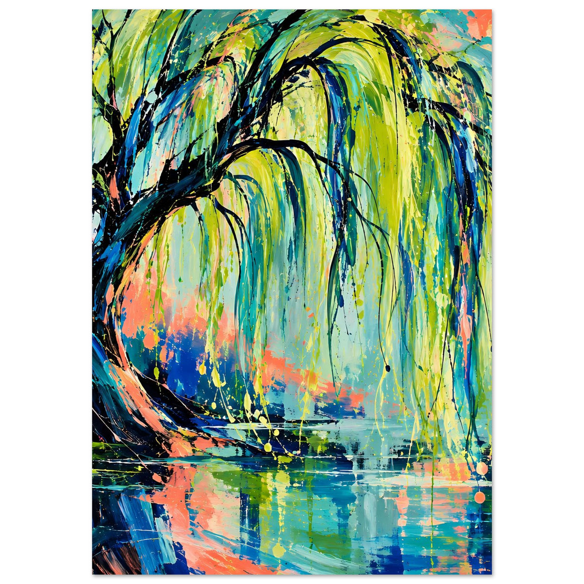 Hochformatiges Poster mit Regenbogenfarben am Baum und leuchtenden Farbsprenkseln