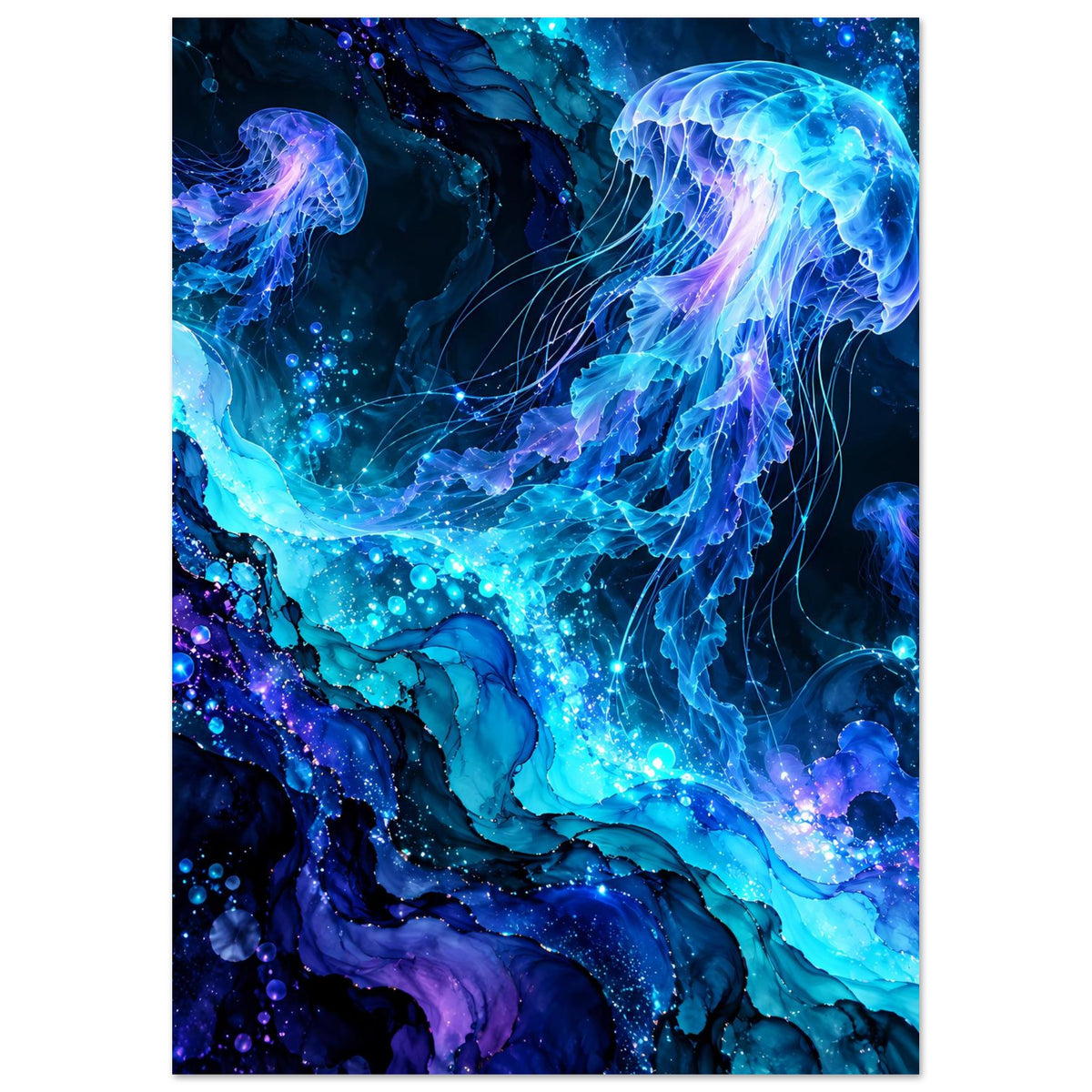 Hochformat-Poster mit leuchtenden Quallen und blauen Lichtpunkten, violette Akzente
