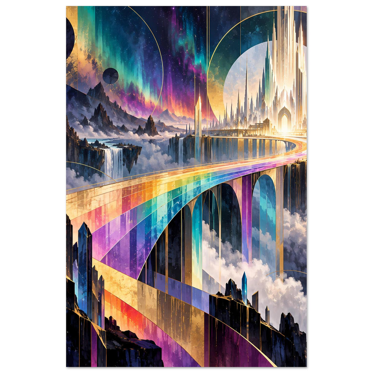 Regenbogenbrücke-Poster mit Farbnebel, Brückenbogen und futuristischen Gebäuden, Hochformat