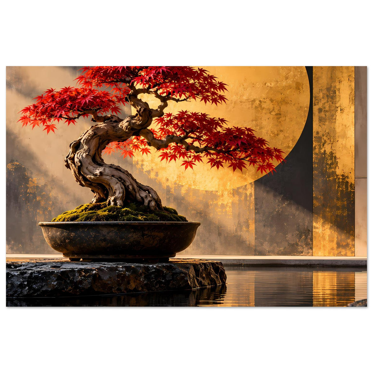 Bonsai-Poster mit rotem Ahorn, dunkler Stein-Schale und goldfarbenem Kreismotiv