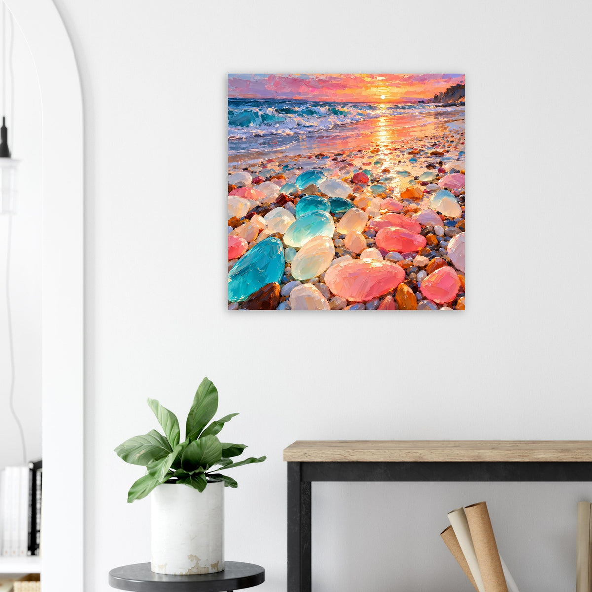 Quadratisches Poster mit Strandmotiv: Sonnenuntergang, Meerwellen und farbige Steine