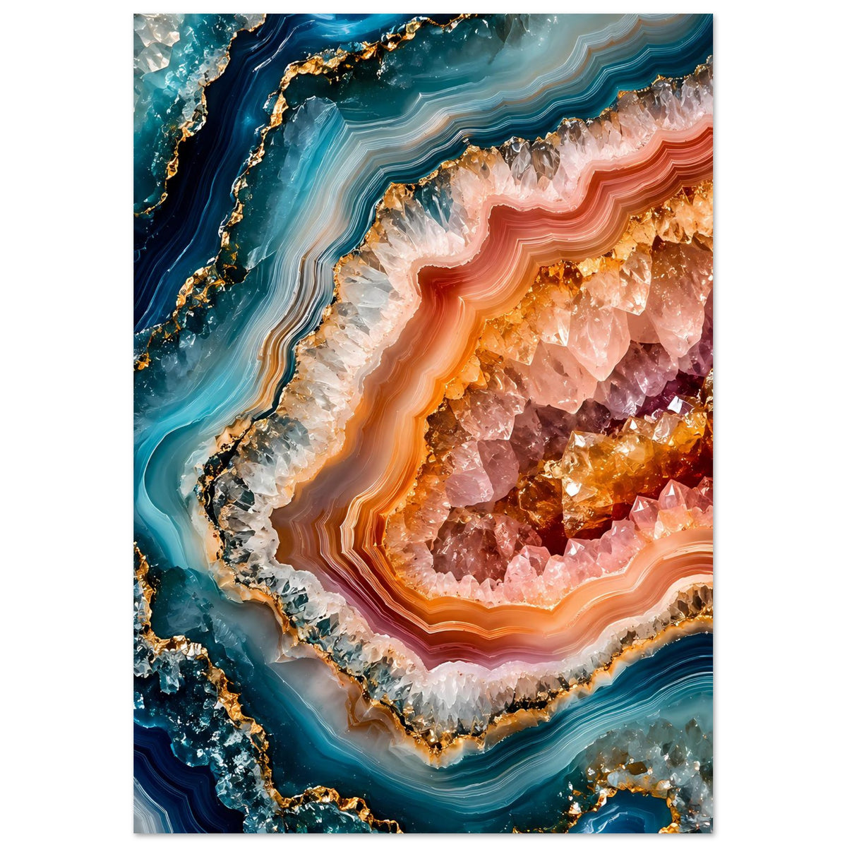 Vertikales Poster mit abstrakter Geode in Blau, Orange und Gold, innen rosa Kristallkamm