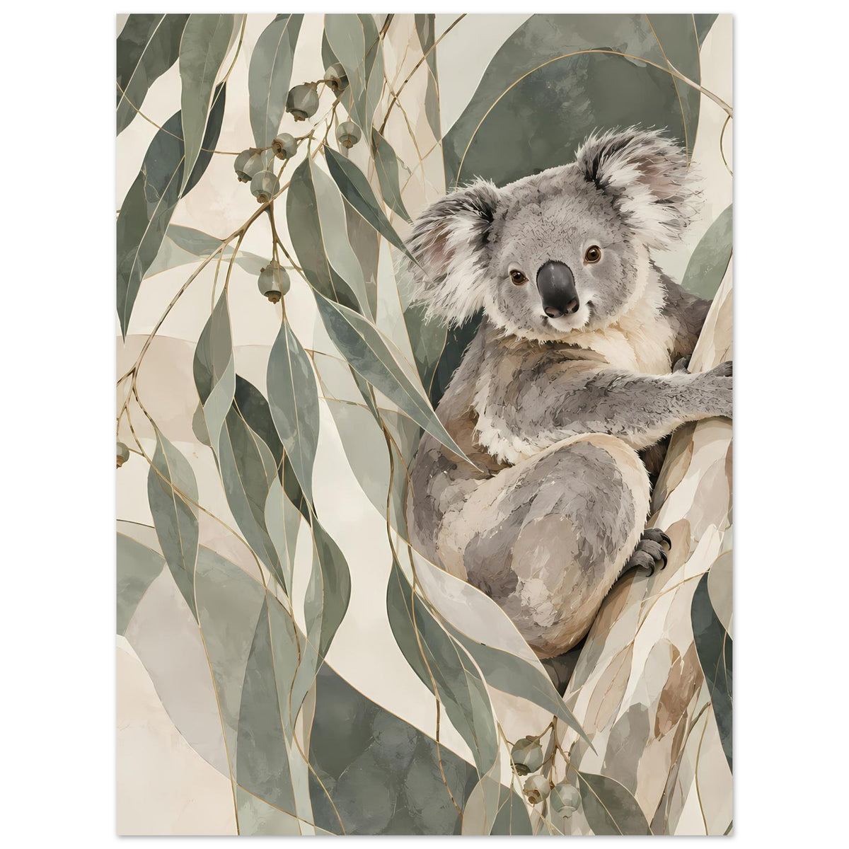 Koala-Porträtposter: grauer Koala auf Ast, umgeben von Eukalyptusblättern und Zweigen