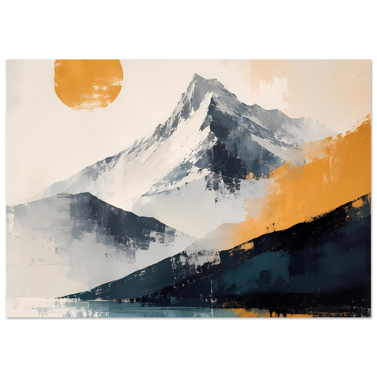 Abstraktes Kunstposter Querformat: Berglandschaft mit türkisfarbener Fläche unten und Orange