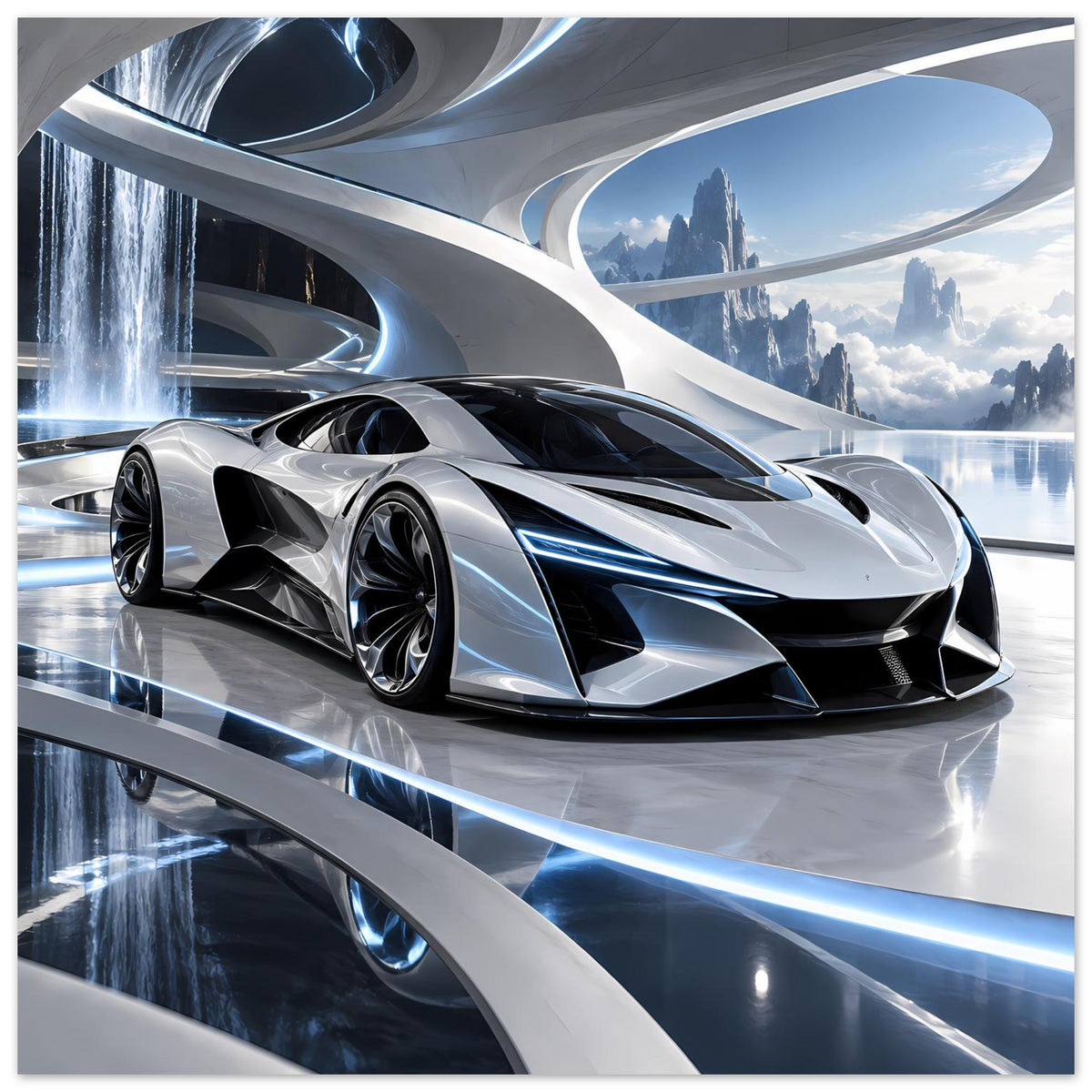 Futuristisches Auto-Poster: silberner Supersportwagen, schwarze Frontpartie, blaue Lichtlinien
