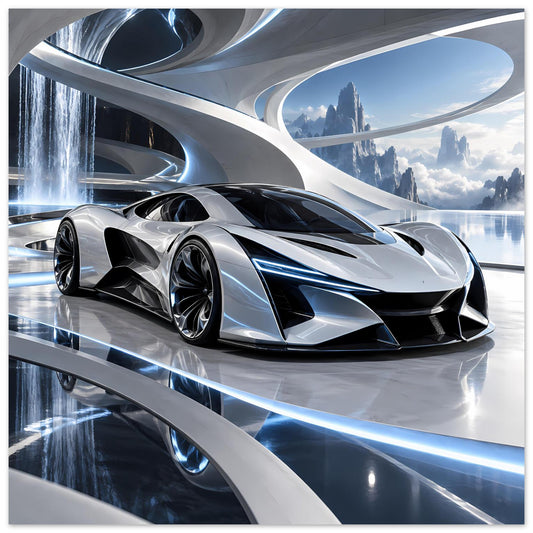 Futuristisches Auto-Poster: silberner Supersportwagen, schwarze Frontpartie, blaue Lichtlinien