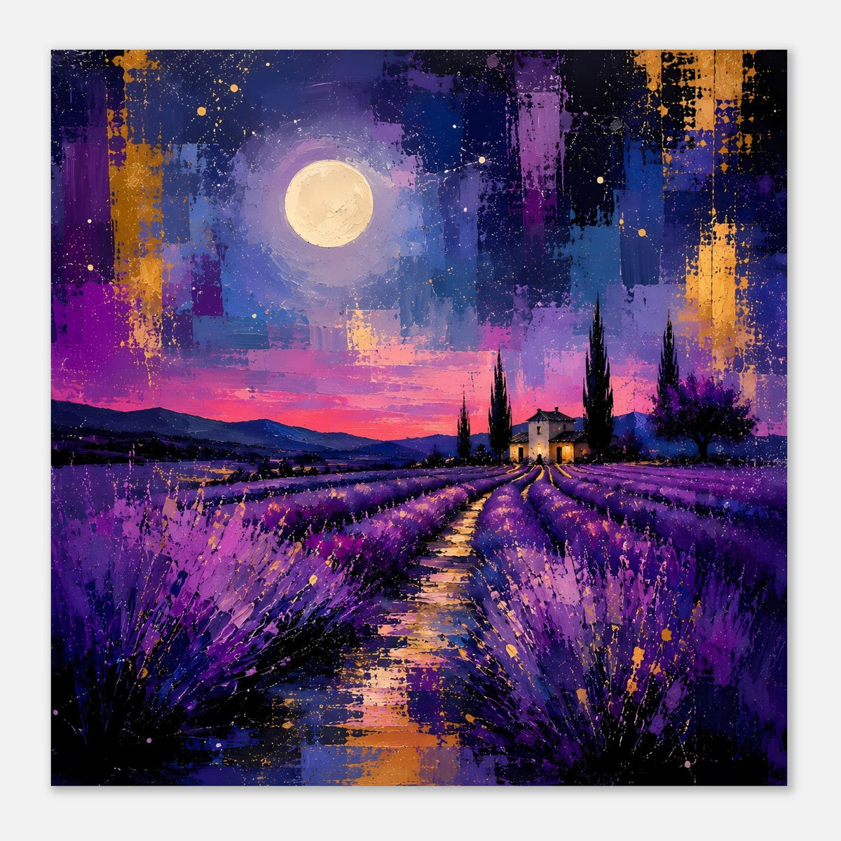Nahansicht: quadratisches Poster mit violettem Lavendelweg, leuchtendem Mond und Zypressen