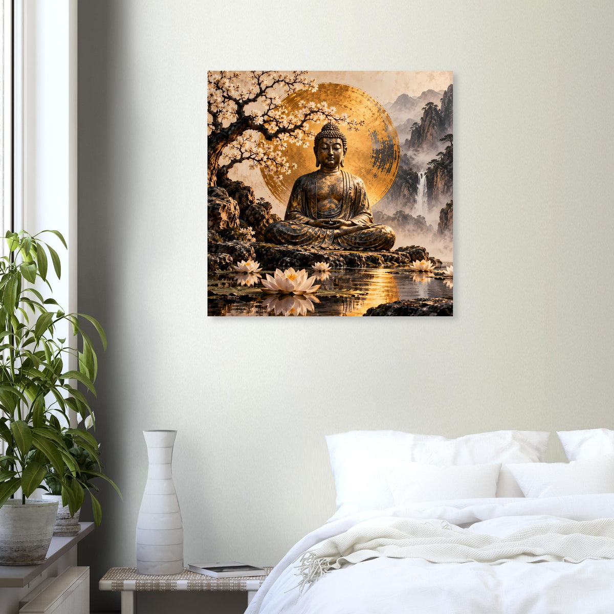 Quadratisches Buddha-Zen-Poster mit goldener Kreis-Aura, Bergsilhouette im Hintergrund