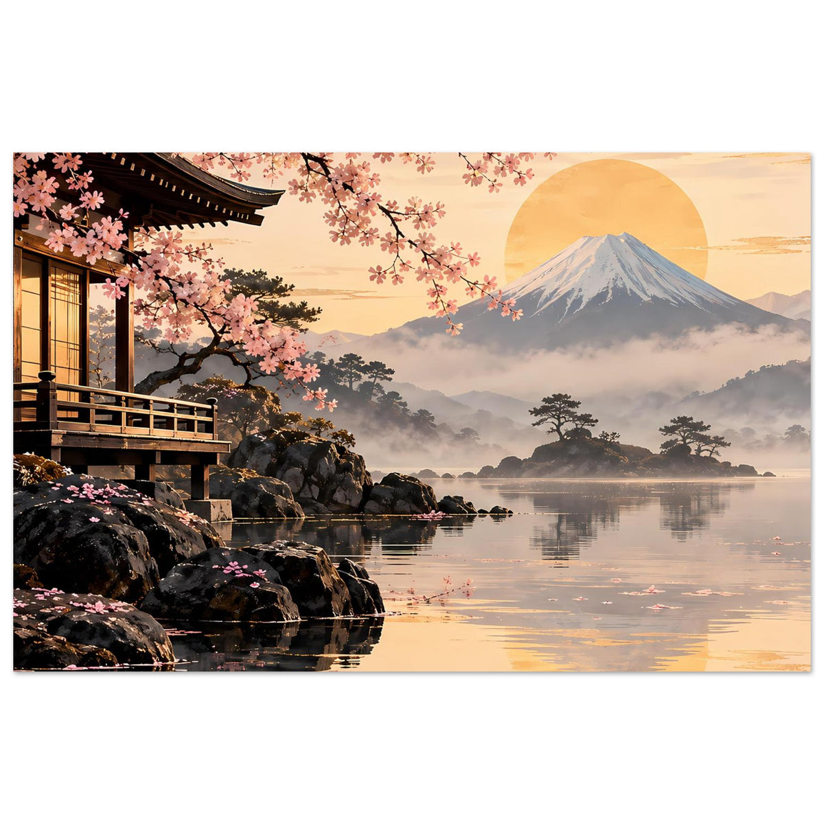 Horizontaler Posterprint mit Berg Fuji, warmem Himmel, Seeufer und Kirschblüten im Vordergrund