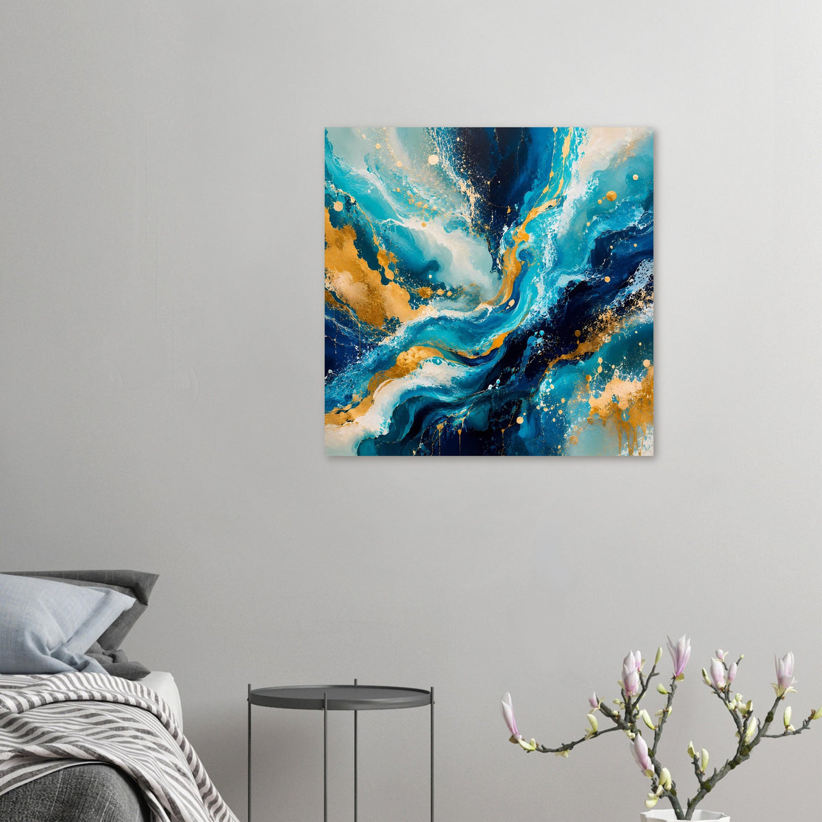 Kleines Abstraktes Kunstposter im Quadratformat mit Blau- und Goldwirbeln