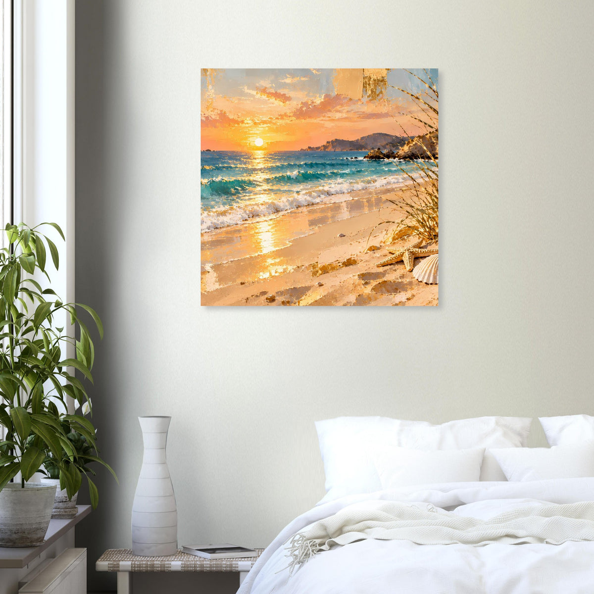 Wandposter mit Sonnenuntergang am Strand, Meerlinie und Dünen im Bild