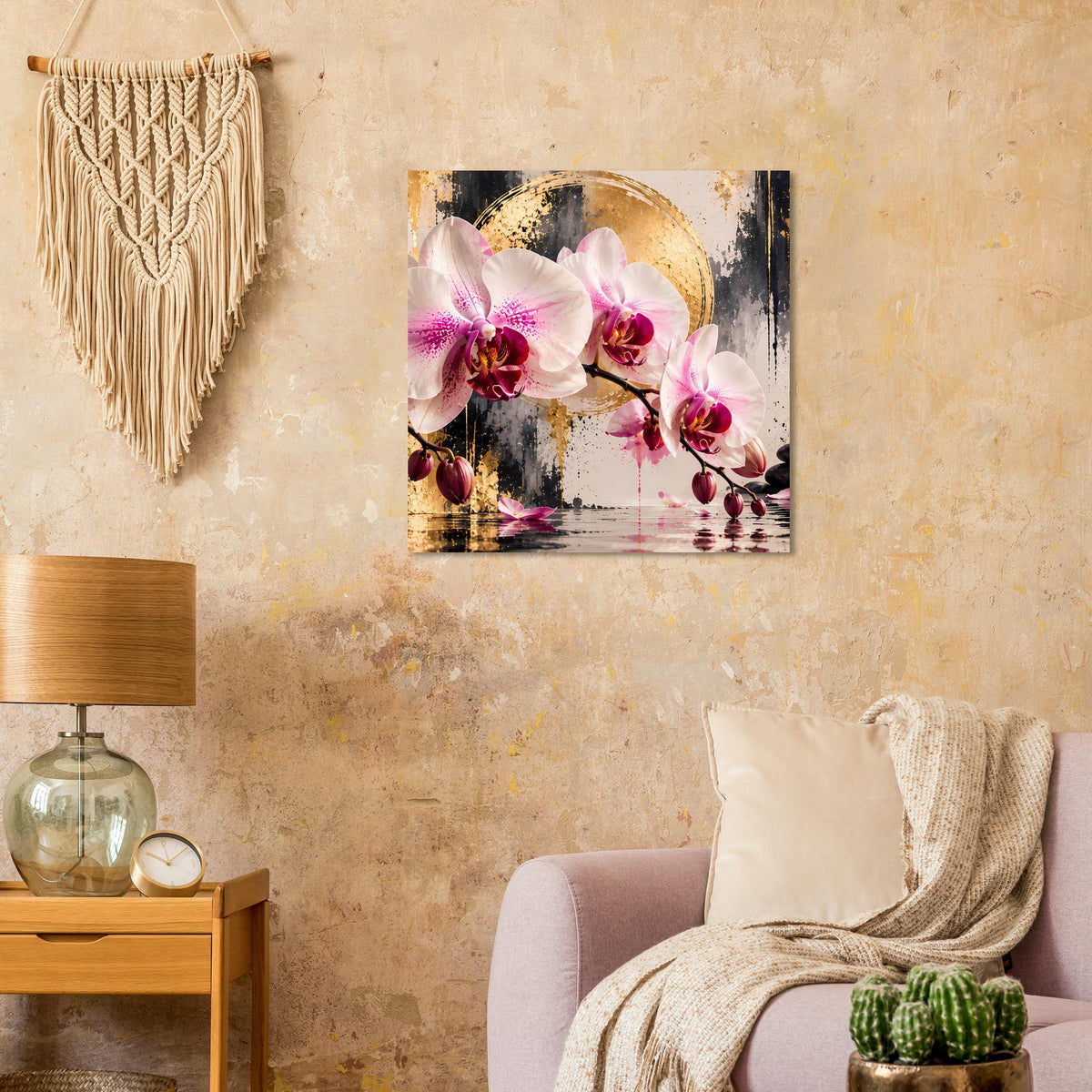 Orchideen-Poster: pinke Blüten an dunklem Ast, goldenes Kreisornament und Reflexeffekt