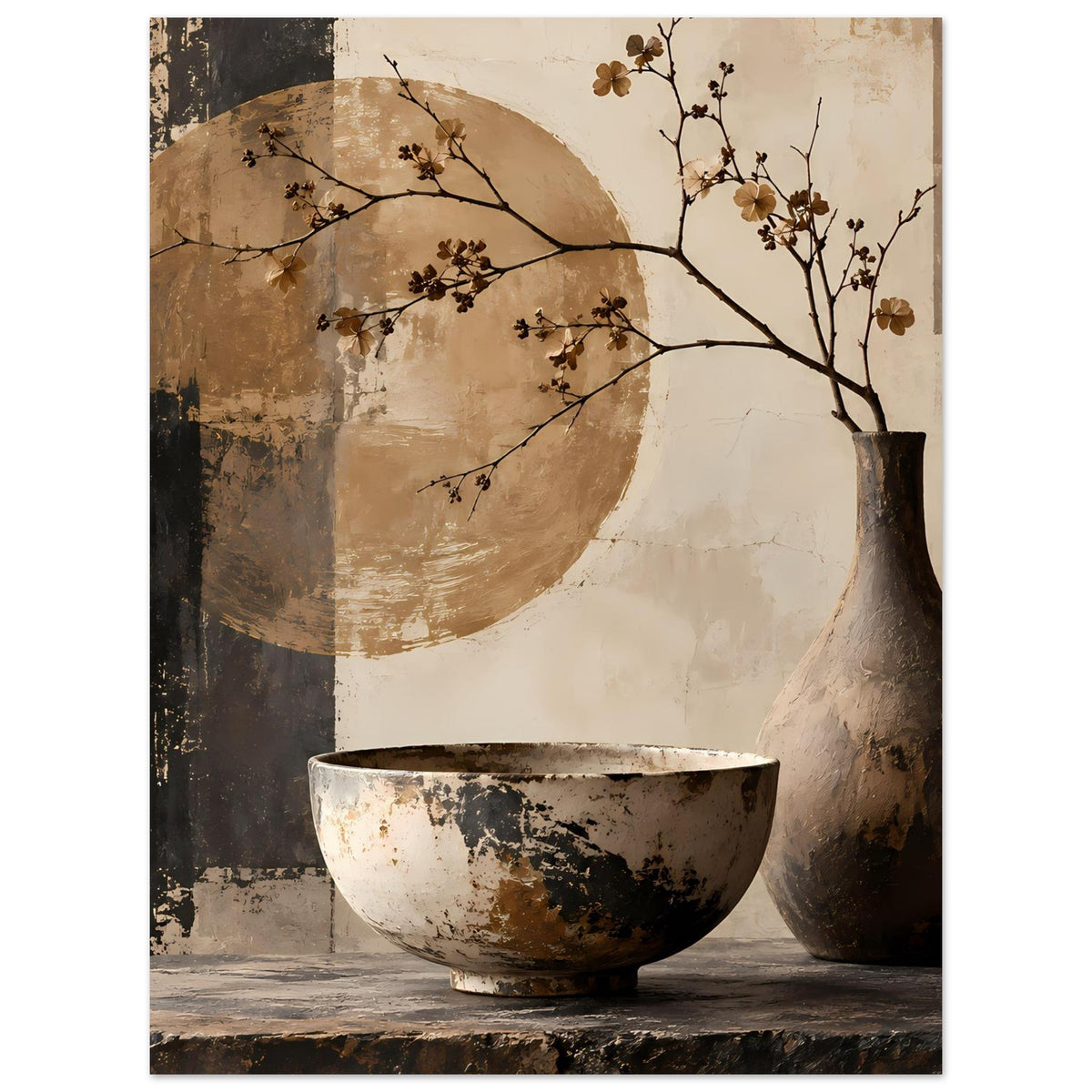 Still-Life-Poster in Erdtönen: Vase rechts, Schale unten, dunkle Äste mit kleinen Blüten nach vorn