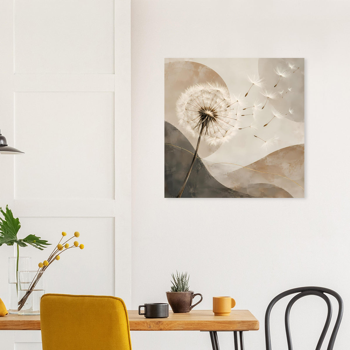 Quadratisches Poster mit Pusteblume und feinen Fäden, Beige, Weiß und Grau