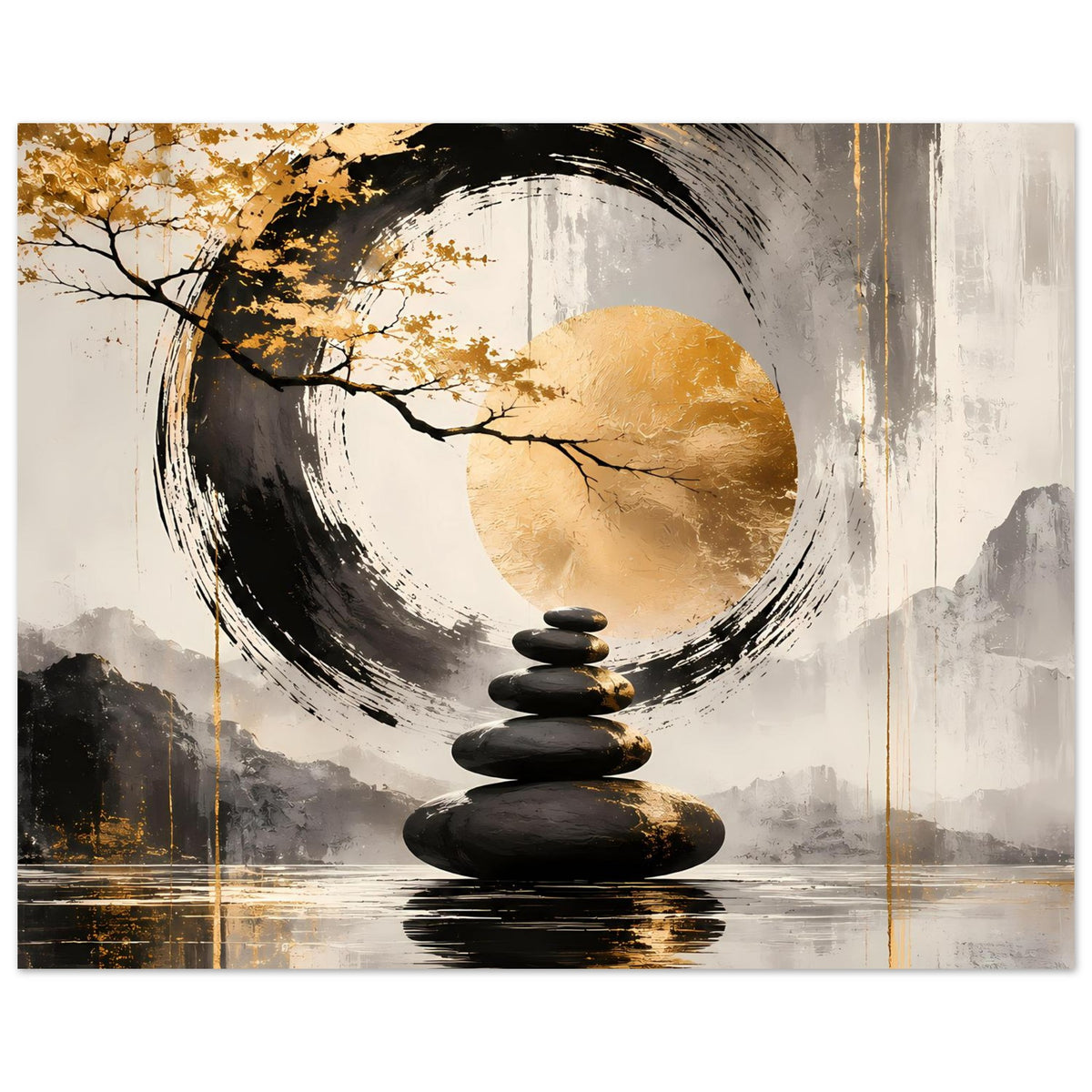 Zen-Artposter im Querformat mit Kreis, Steinstapel und Baumzweigen in Schwarz und Goldtönen