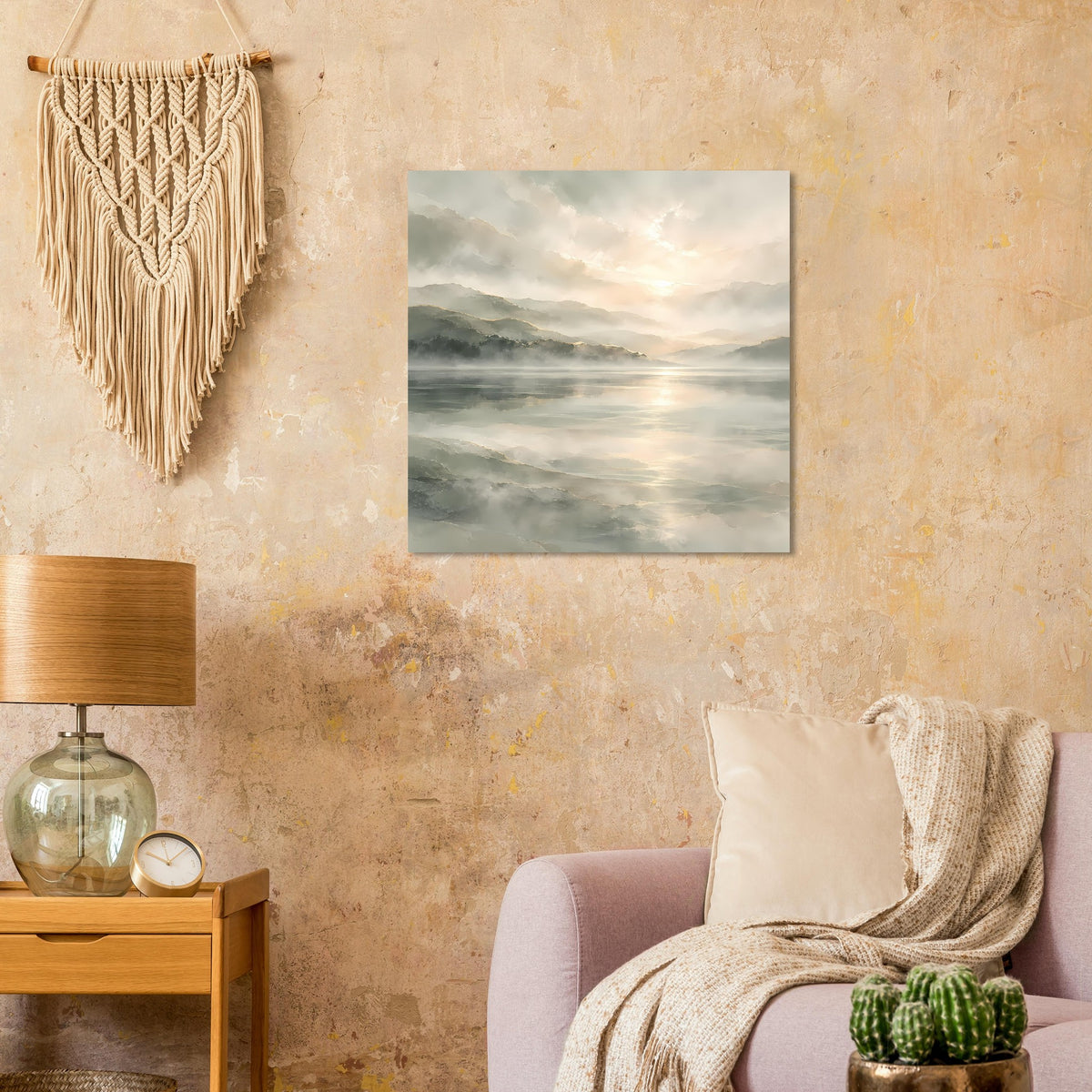 Quadratisches Poster mit ruhigem See und Bergsilhouetten im goldenen Abendlicht