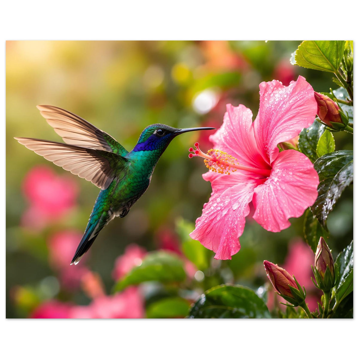 Naturposter mit Kolibri an rosafarbener Hibiskusblüte, grüne Blätter im Bildausschnitt