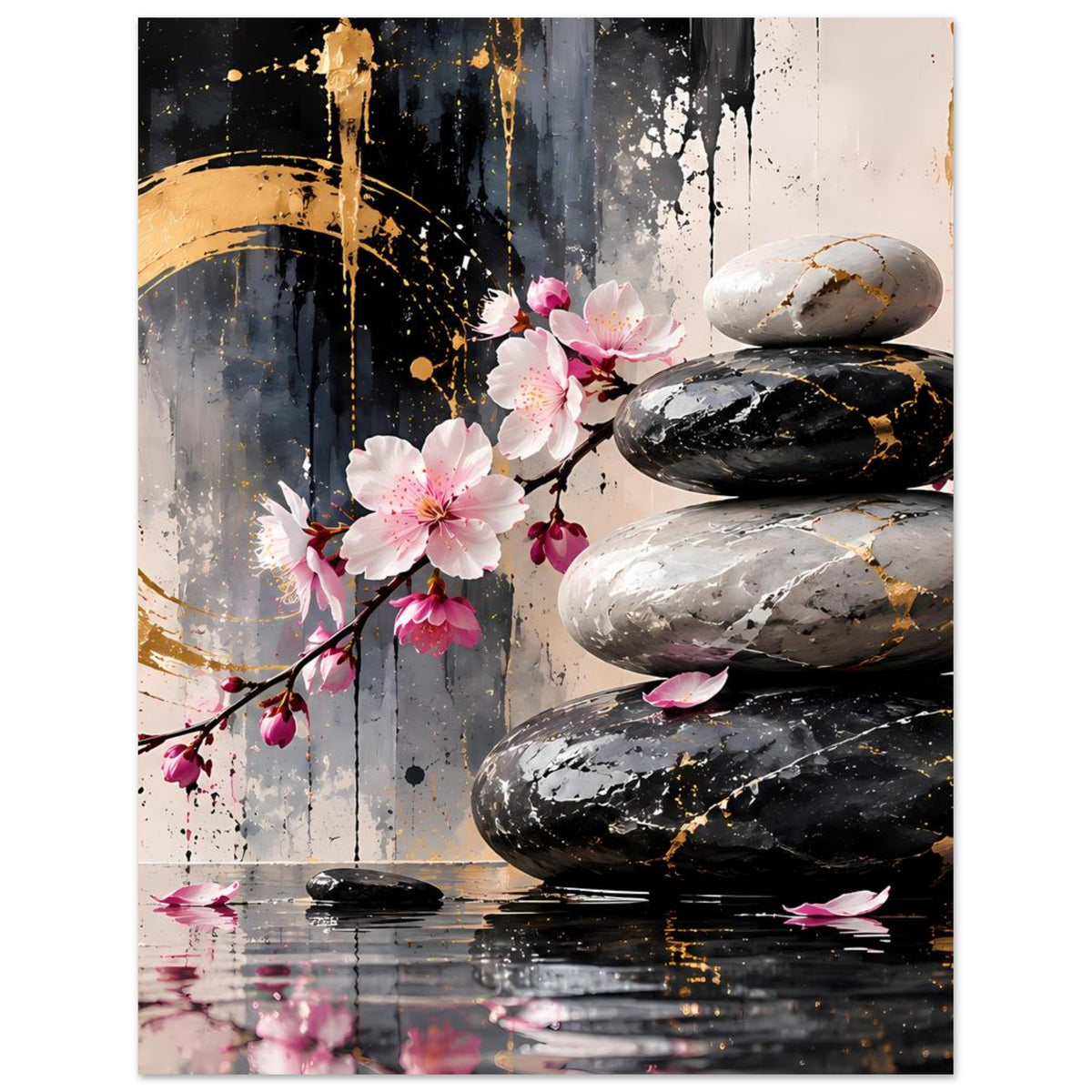 Zen-Poster mit Kirschblüten und Steinmotiv; schwarz-weiße Steine, goldene Akzente