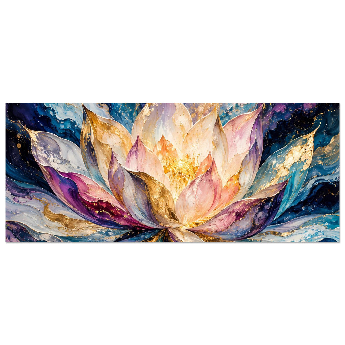 Panorama-Blumenposter mit Lotusblüte, goldfarbenen Sprenkeln und blau-purpurfarbenem Hintergrund