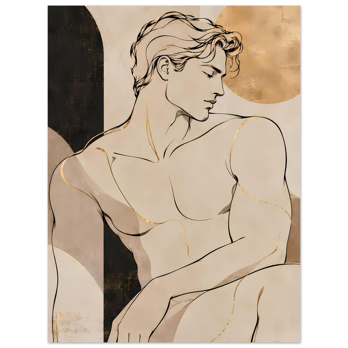 Kunstposter mit Aktfigur im Profil, warme Beige- und Brauntöne, goldene Linienakzente