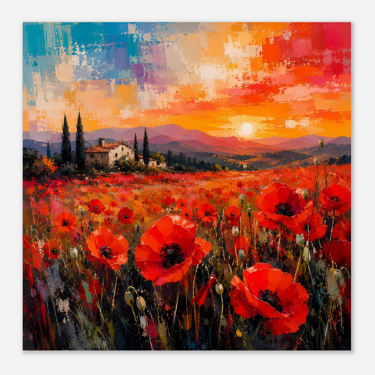 Poster mit roten Mohnblumen, Zypressenlandschaft und leuchtender Abendsonne