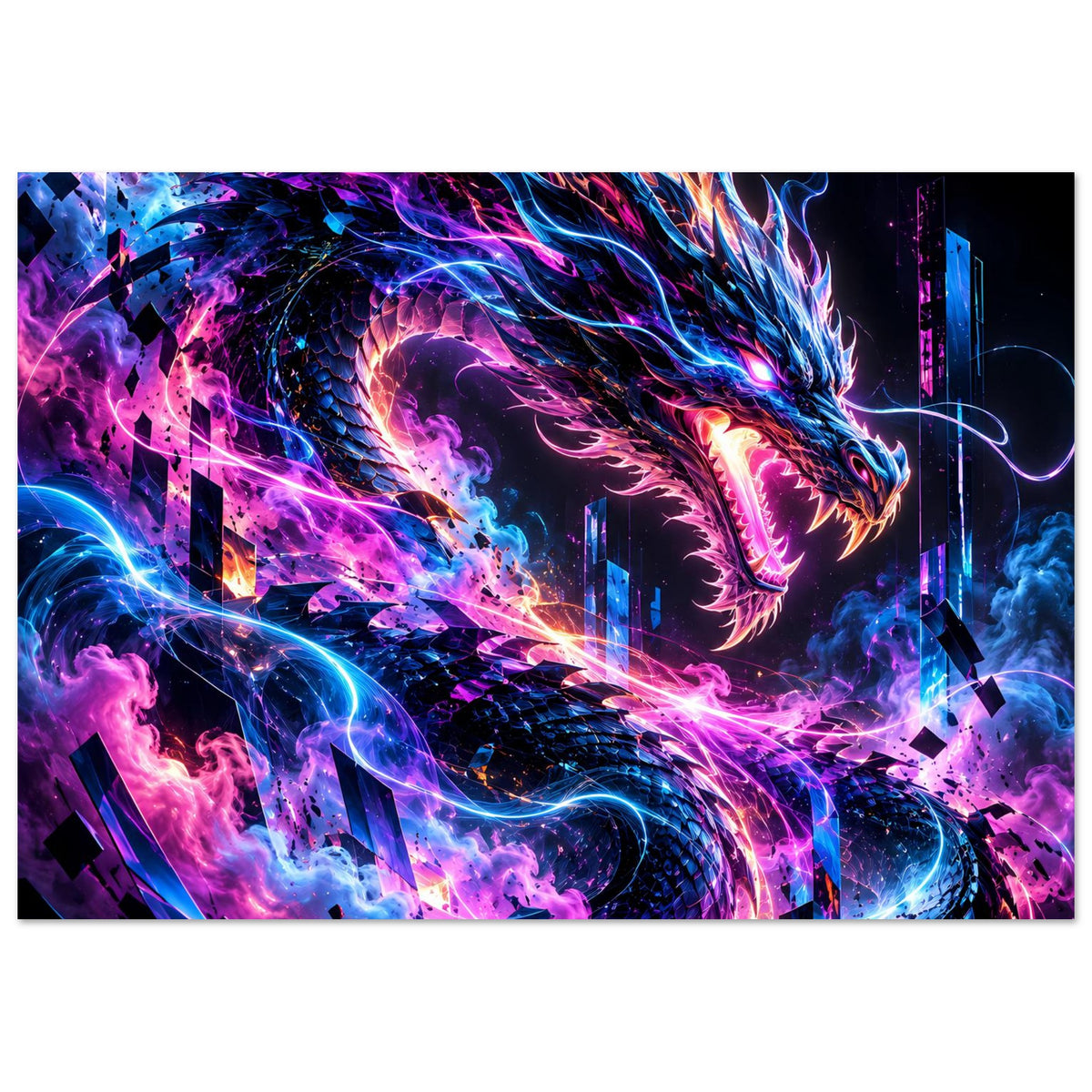 Querformat-Poster mit Neon-Cyberdrache: leuchtende lila und blaue Flammen, dynamische Bewegung