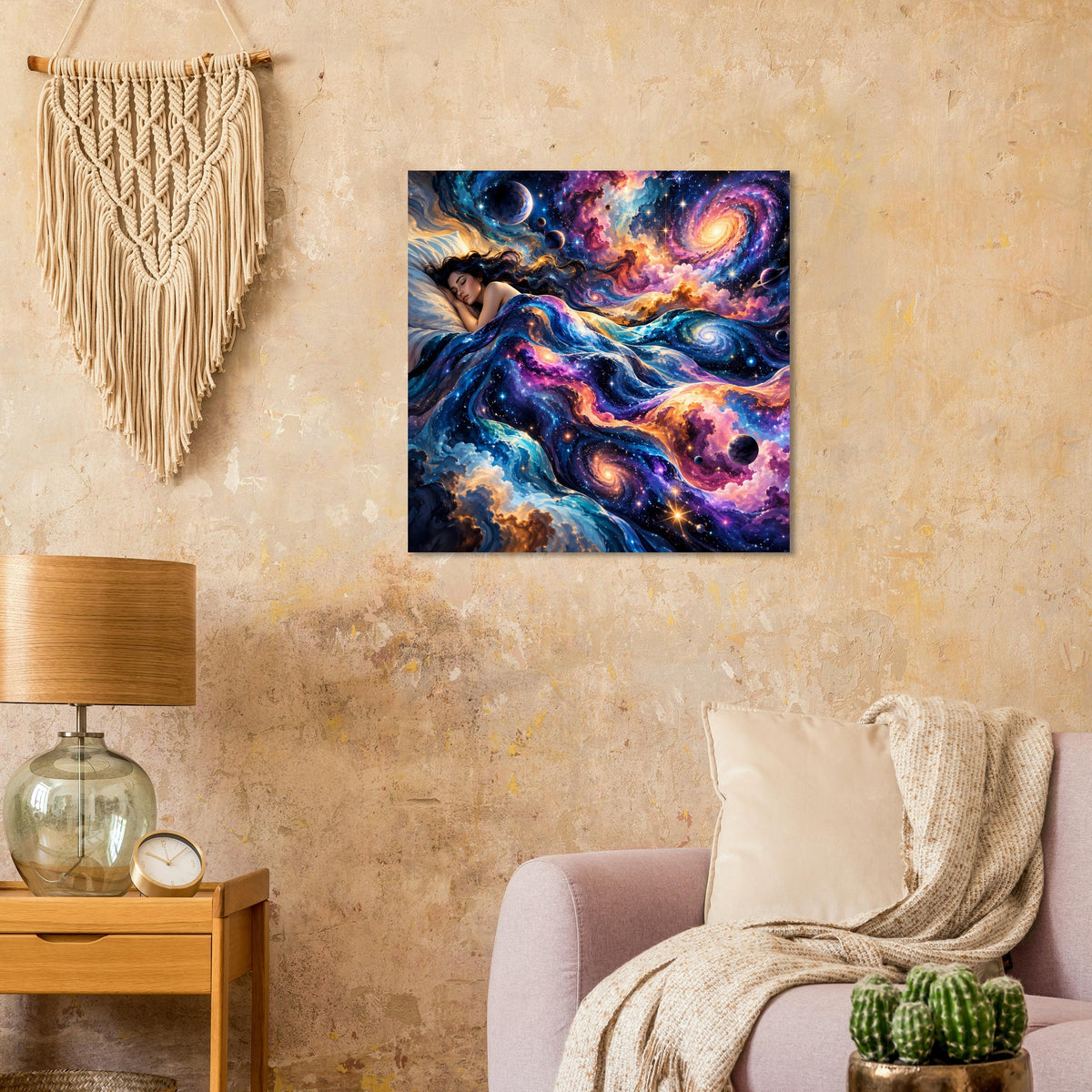 Quadratisches Poster mit farbenfrohem Galaxie- und Sternnebelbild in Blau, Violett und Pink.