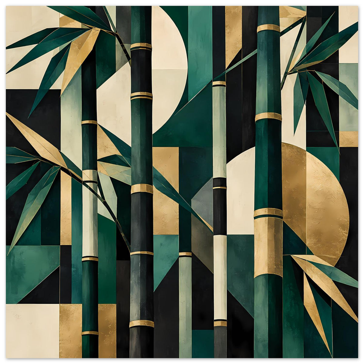 Naturposter im Querformat mit Bambusstämmen, diagonalem Blattwerk und goldenen Highlights