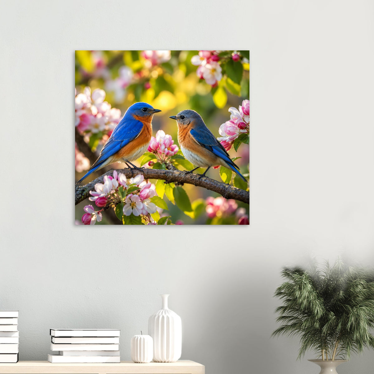 Poster: zwei blaue Singvögel auf Ast umgeben von rosa Blüten