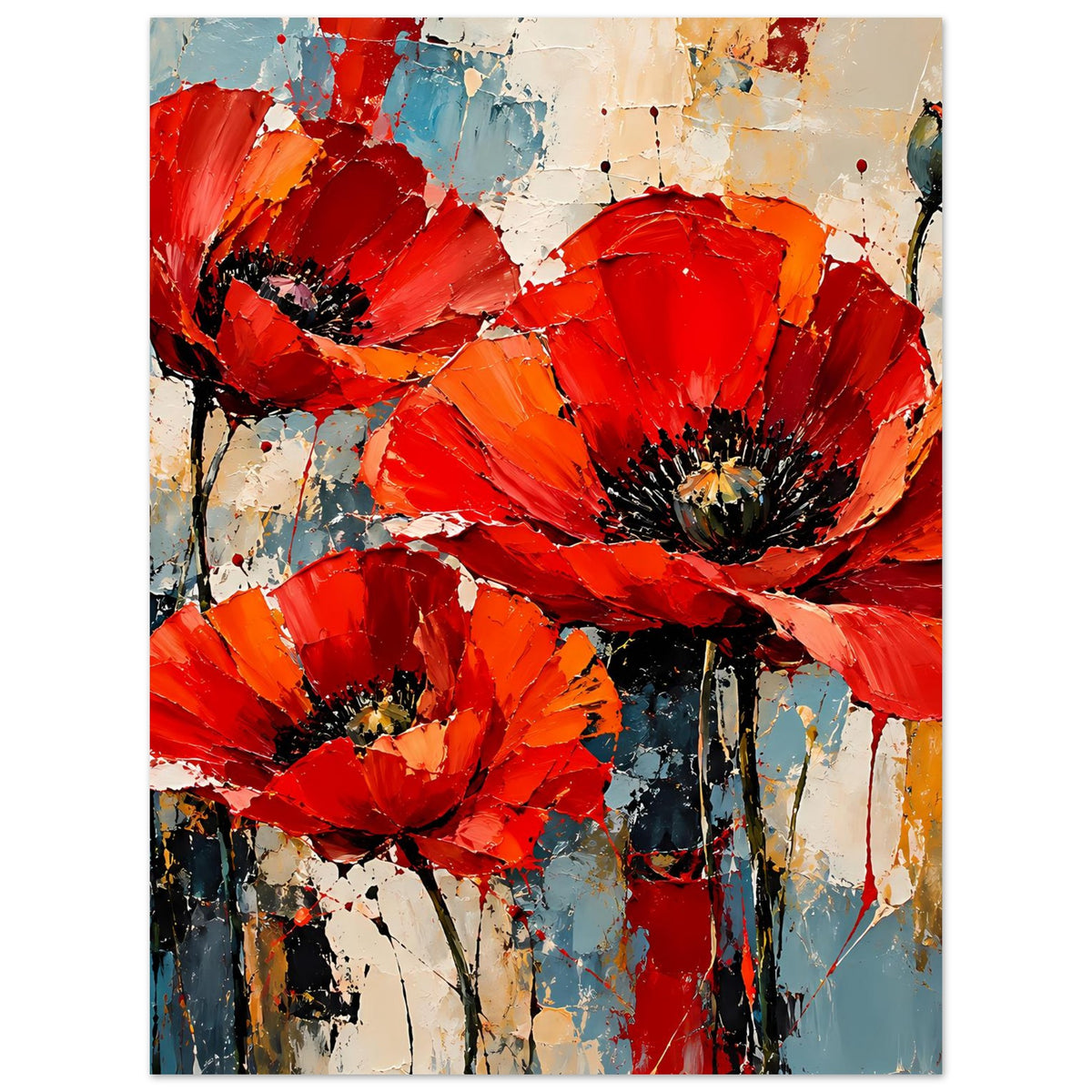 Abstraktes Poster mit roten Mohnblumen, kräftige Pinselstriche und Farbsprenkel, gerahmt