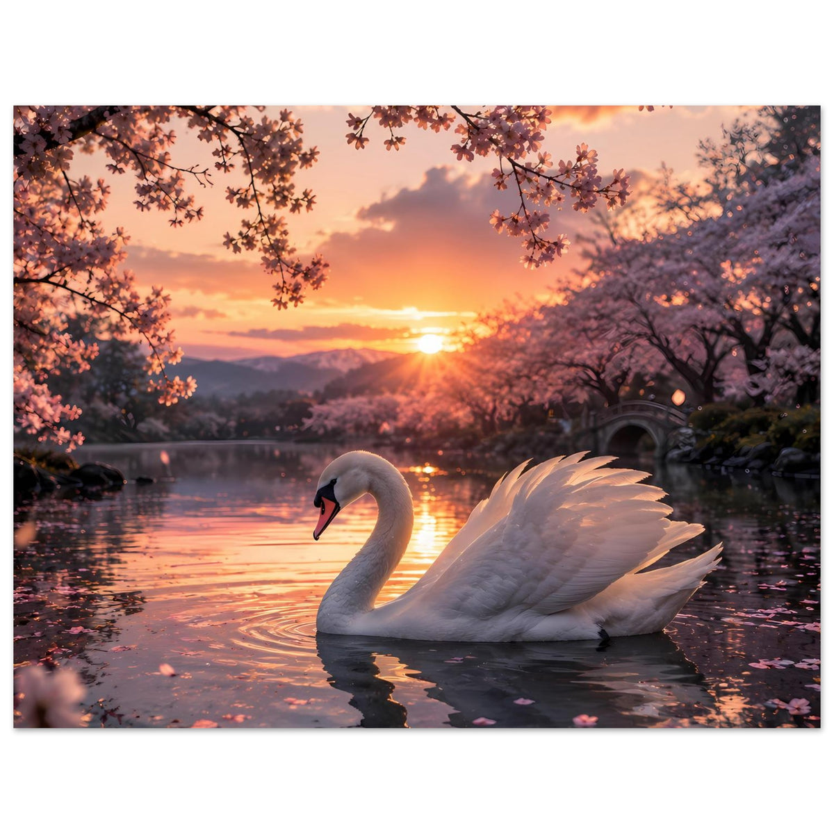 Poster mit weißem Schwan am See bei Sonnenuntergang, rosa Blütenzweige und Spiegelbild