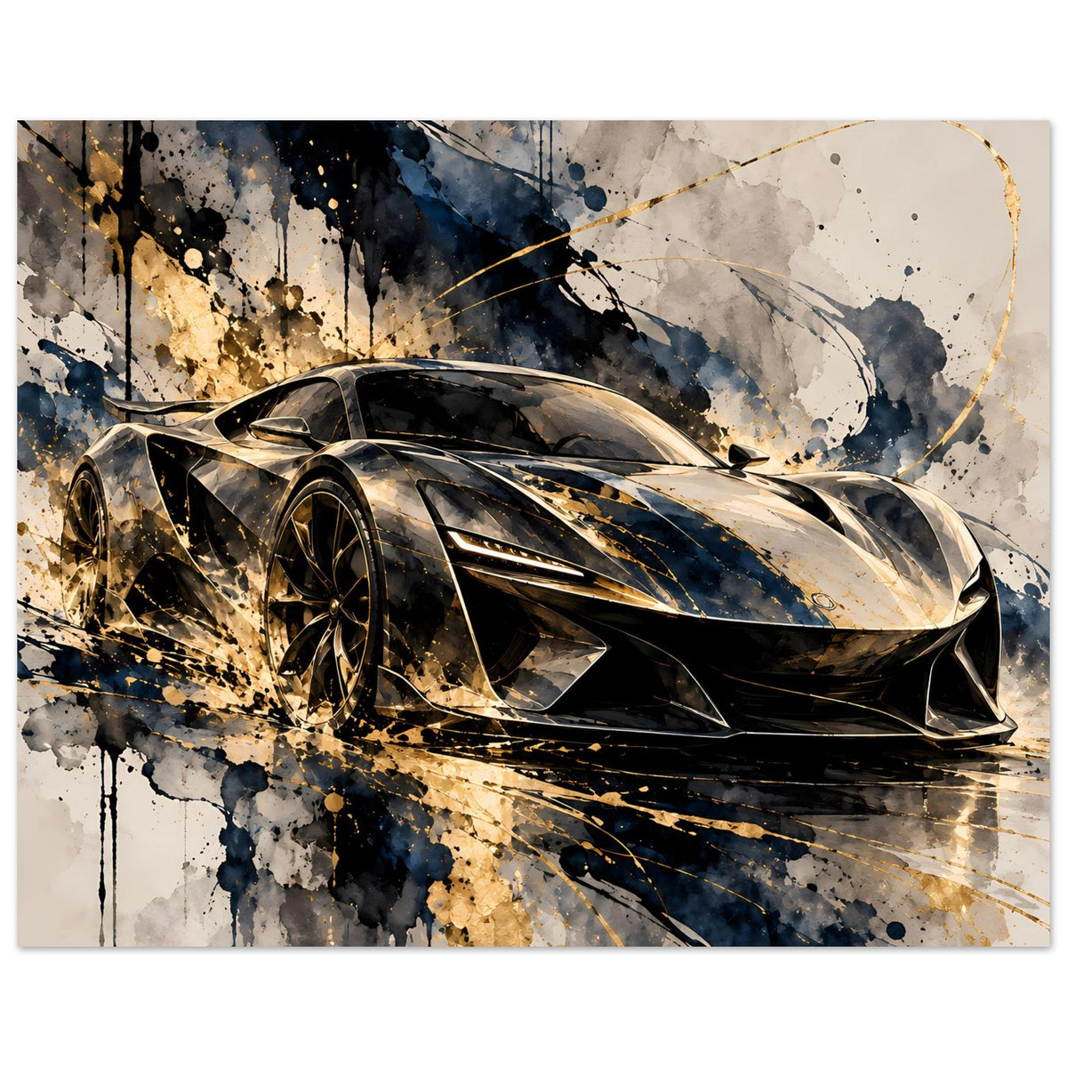 Poster mit Sportwagen in Schwarz und Gold, umlaufend von abstrakten Farbspritzern und Linien