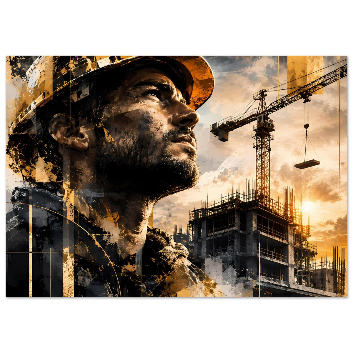 Bauarbeiter-Poster im Querformat mit Helm-Profil, Baukränen und goldenen Sprenkeln