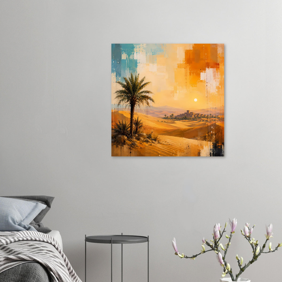 Wandbild-Poster im Rahmen mit Palmen und Wüstenlandschaft in warmen Orange-Gelb-Tönen