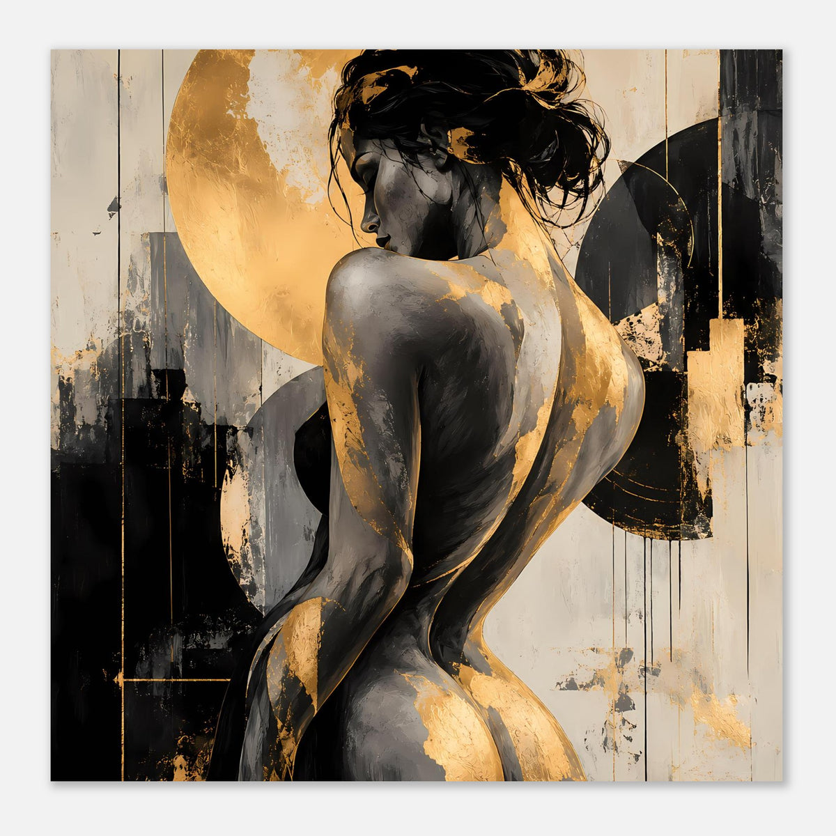 Abstraktes Kunstposter mit Akt-Figur im Profil, gold-schwarz, grafische Hintergrundelemente