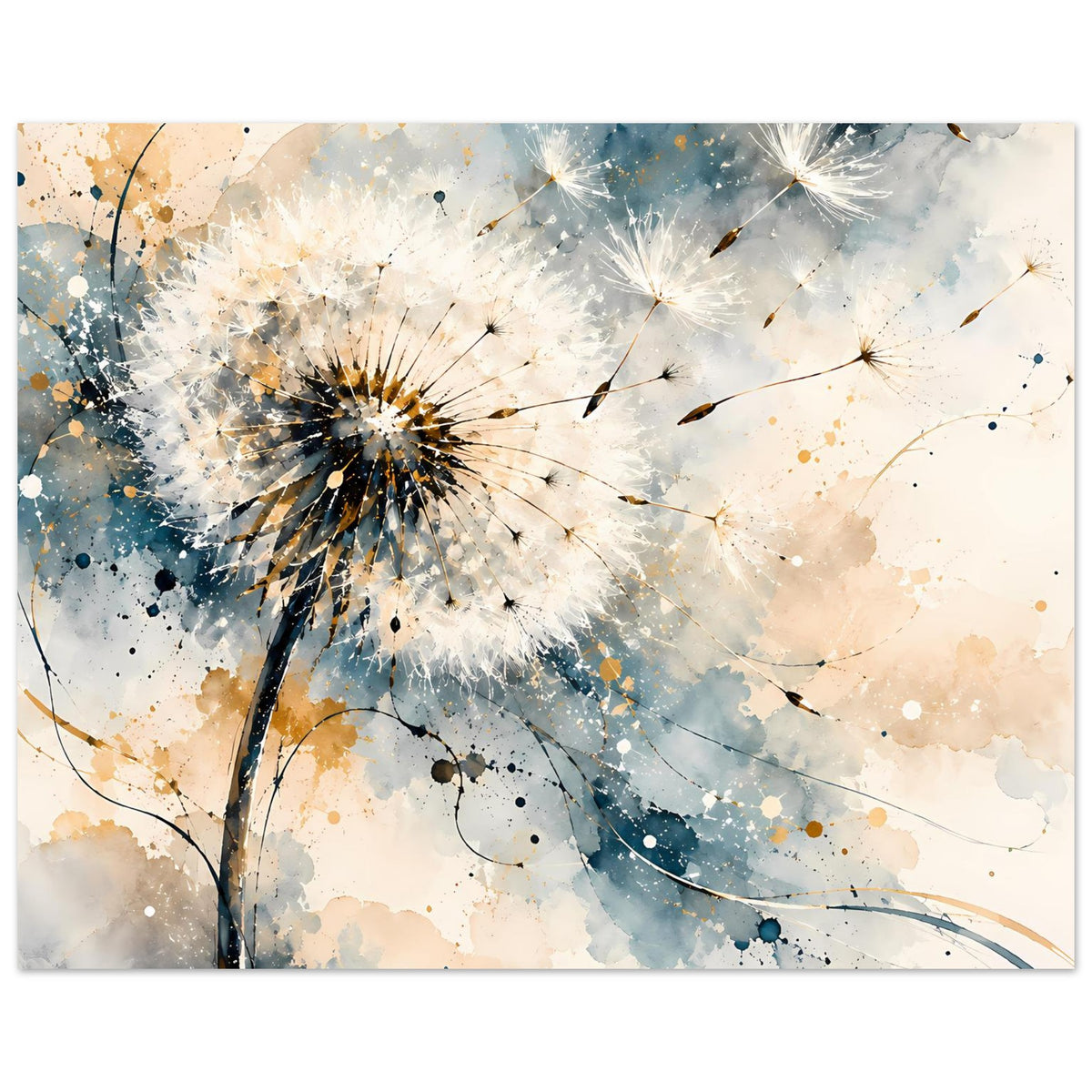 Kunstposter mit Pusteblume, Blau-Aquarell und goldene Sprenkel, mehrere Samenflüge