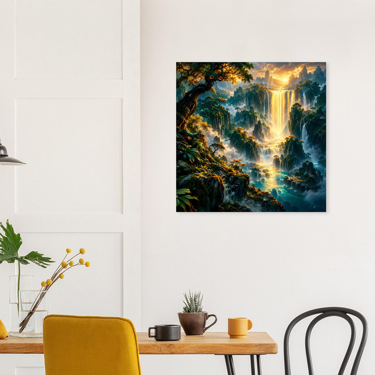 Quadratisches Poster mit Fantasy-Landschaft und goldenem Wasserfall über einer Holzkonsole