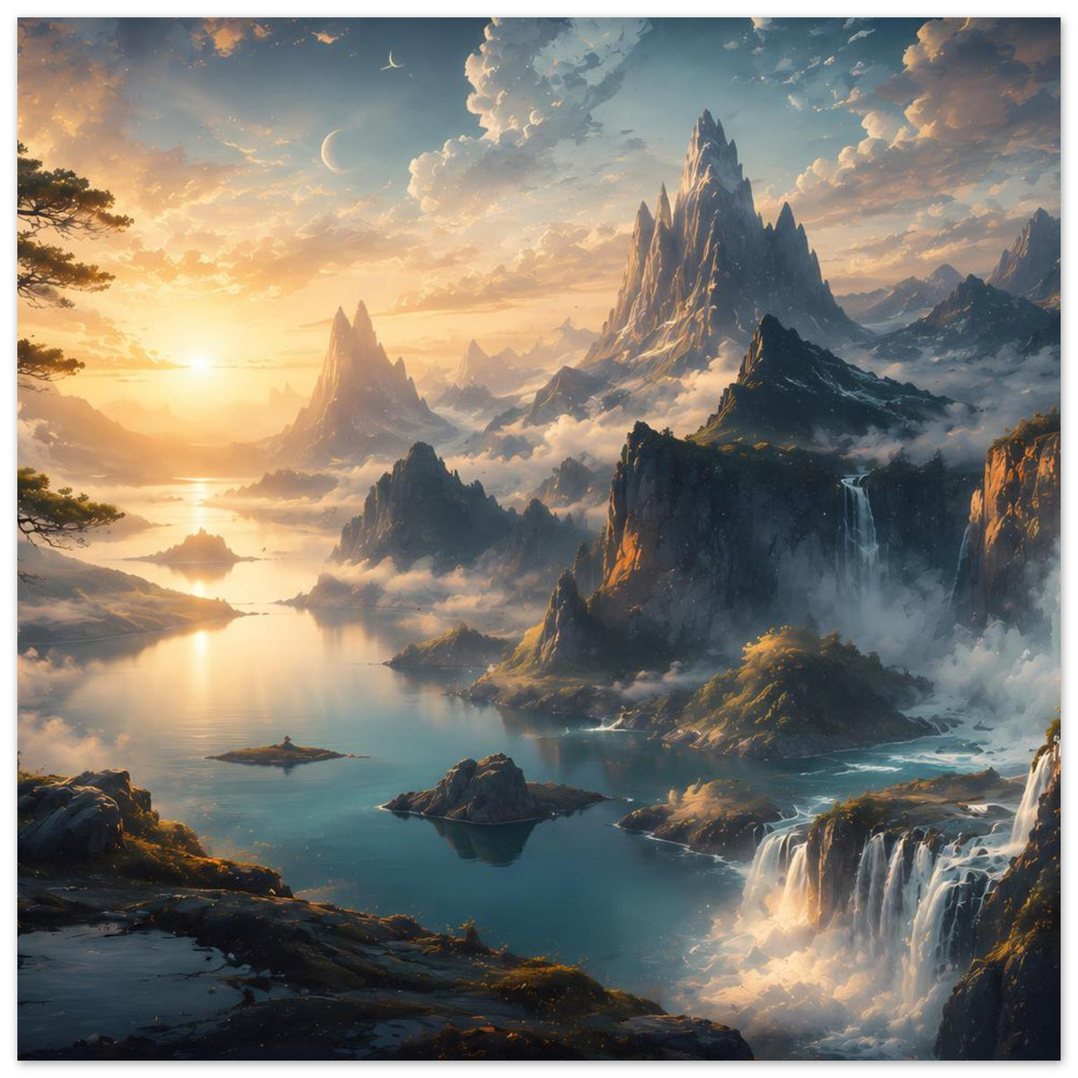 Vertikales Poster mit Berglandschaft, See, Wasserfall und warmem Sonnenaufgangshimmel